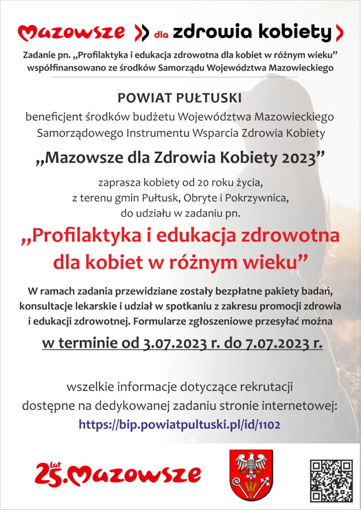 Informacja o bezpłatnych badaniach dla kobiet https://bip.powiatpultuski.pl/id/1102 